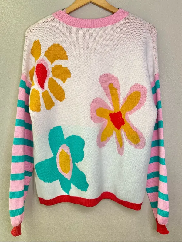 NEW Boutique Floral Striped Mixed Print Crewneck Sweater Summer Spring Bright - Image 4