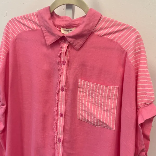 NWT Umgee USA Pink Linen Blend Striped Boho Frayed Hem Button Down Top Small - Image 4