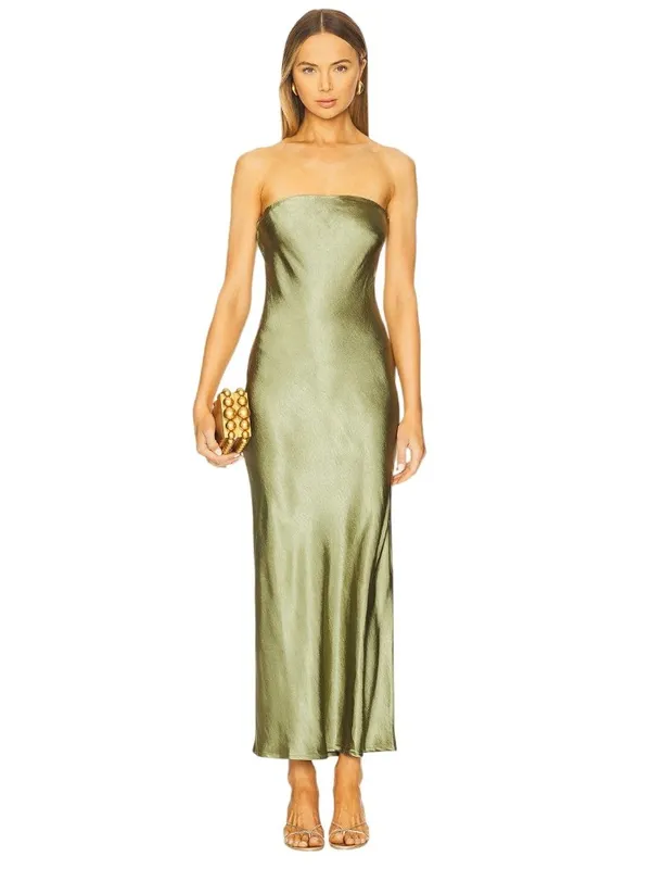 SNDYS Angelina Neck Tie Maxi Dress in Olive XXSmall as-is Womens Satin Long Gown - Image 3