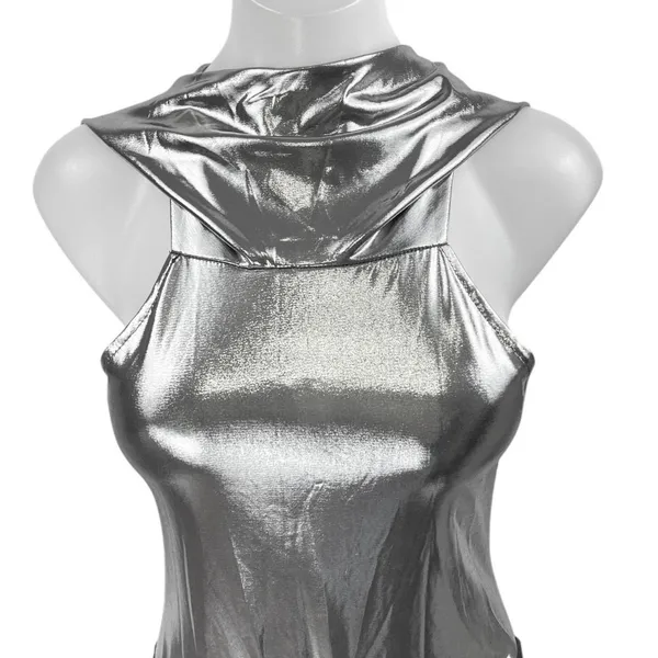 Women's Silver Gray Metallic Sleeveless Hooded Hoodie Bodysuit Tank Top Size S - Image 3