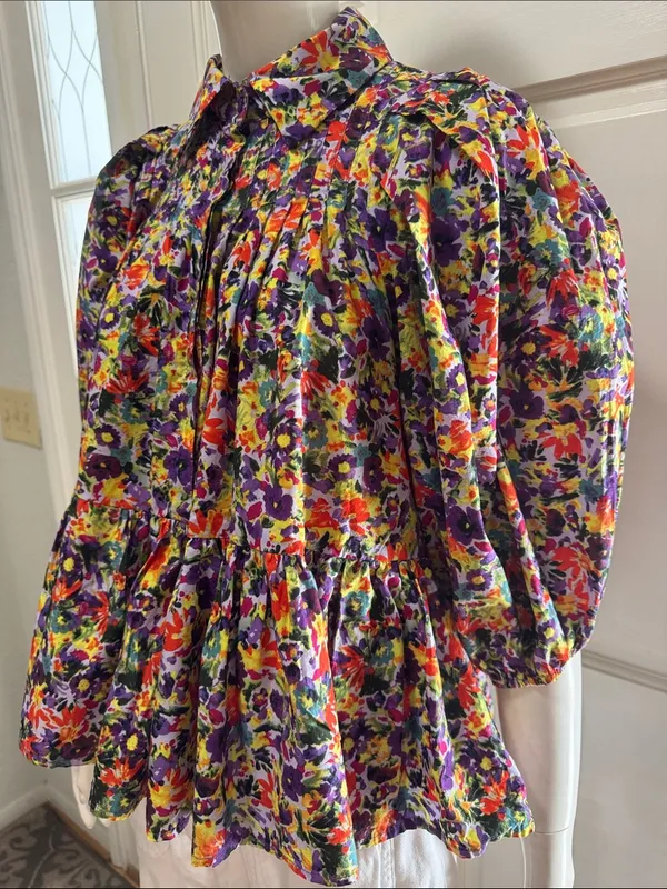 Meet me in Santorini 100% Cotton Boho Floral Peplum Blouse Multicolor SzLarge A1 - Image 5