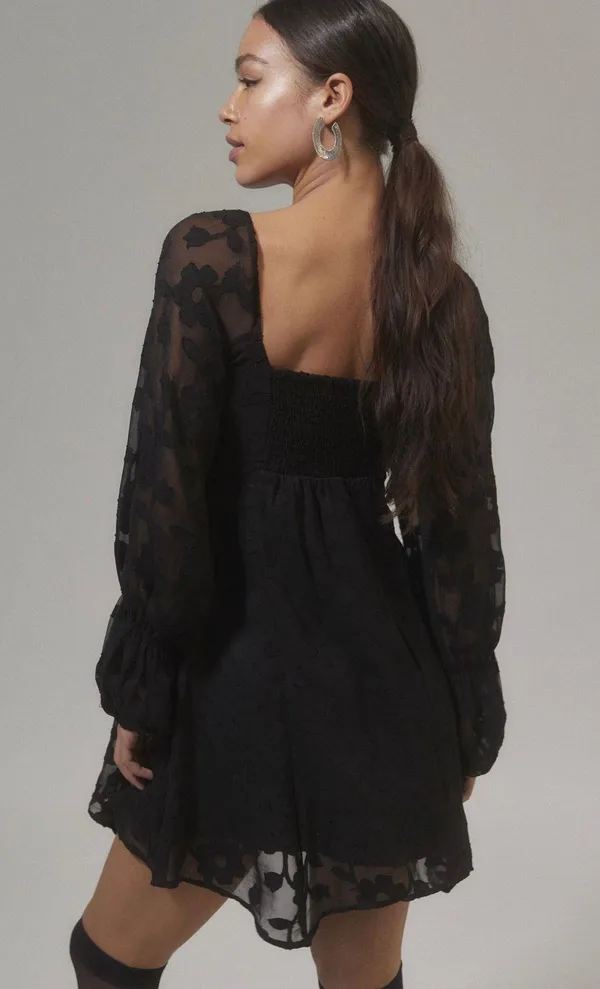Black Floral Long Sleeve Mini Dress - Image 3