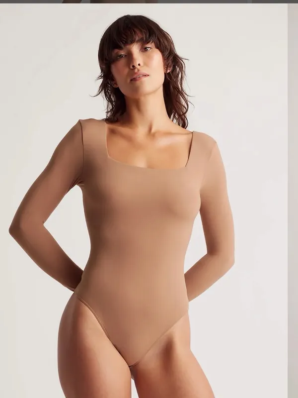 Quince Second Skin Square Neck Long Sleeve Bodysuit | Small | Mocha Brown - Image 3