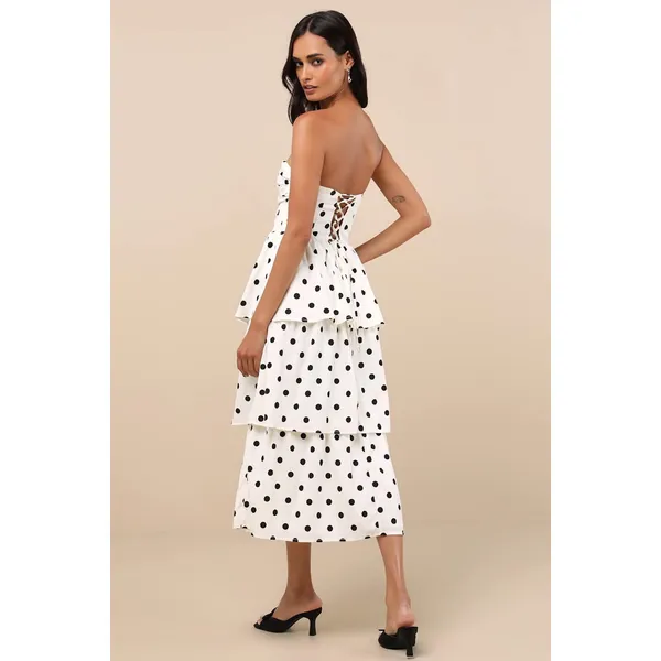 NWT Lulus Modie White Polka Dot Twist-Front Lace-Up Midi Dress Retro Party Sz M - Image 3