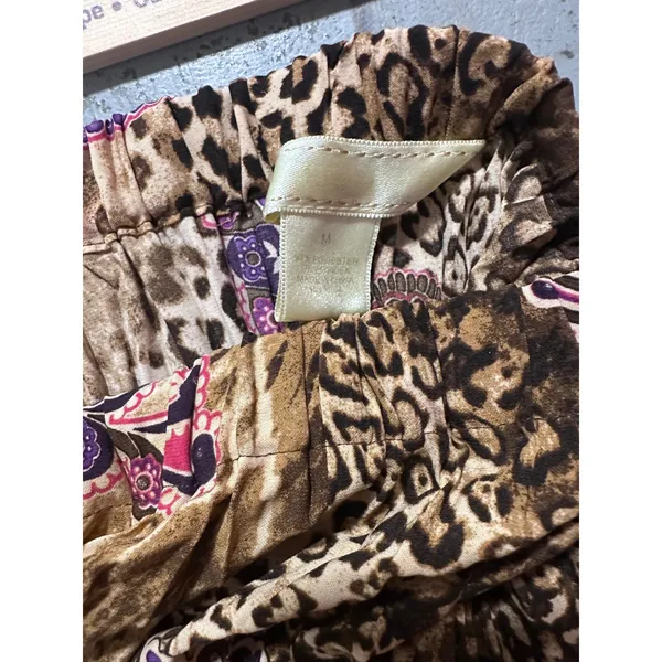 Y2k Leopard Paisley Print Pleated Midi Skirt Purple Brown Smocked Waist Medium - Image 3