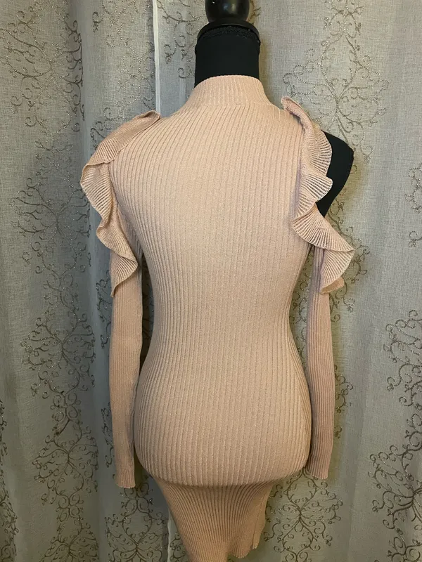 Self-Portrait Blush Knit Cold Shoulder Mini Dress Ruffle Sleeve Bodycon Medium - Image 4