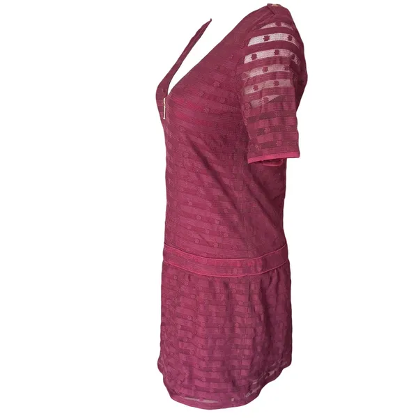 Sézane Drop Waist Mini Dress Size S‎ Burgundy Red Front Zip Sheer - Image 3