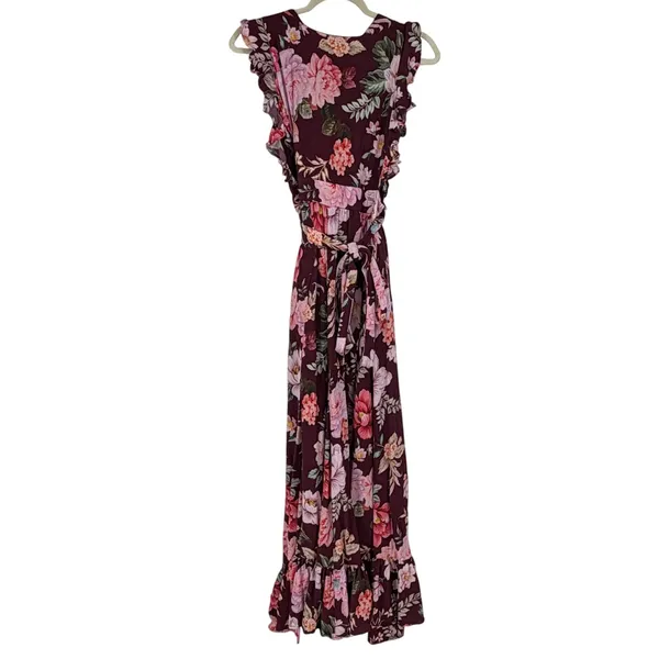 Majorelle Floral Maxi Dress Small Burgundy Plunge V Neck Ruffle Revolve Boho‎ - Image 3