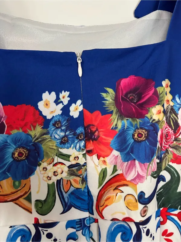 Dalia Macphee Floral Mosaic Tile Print Sleeveless Shoulder Tie Dress Pleat Skirt - Image 10