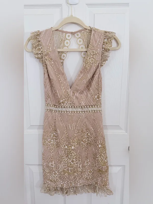 Hello Molly Match Me Dress Champagne Beaded Open Back Mini XS - Image 2