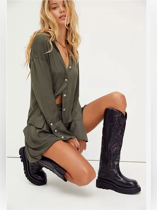 Free People Olive Green Relaxed Bubble Hem Shorts - Image 3
