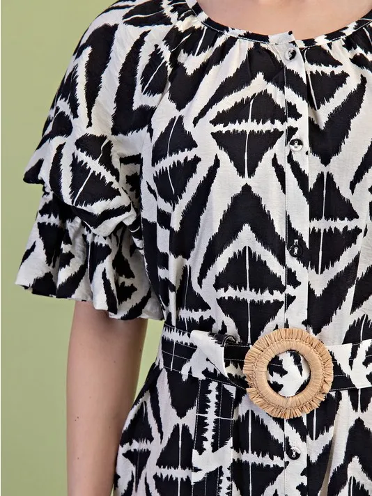 Black & White Geometric Midi Dress with Belt L new - Image 6