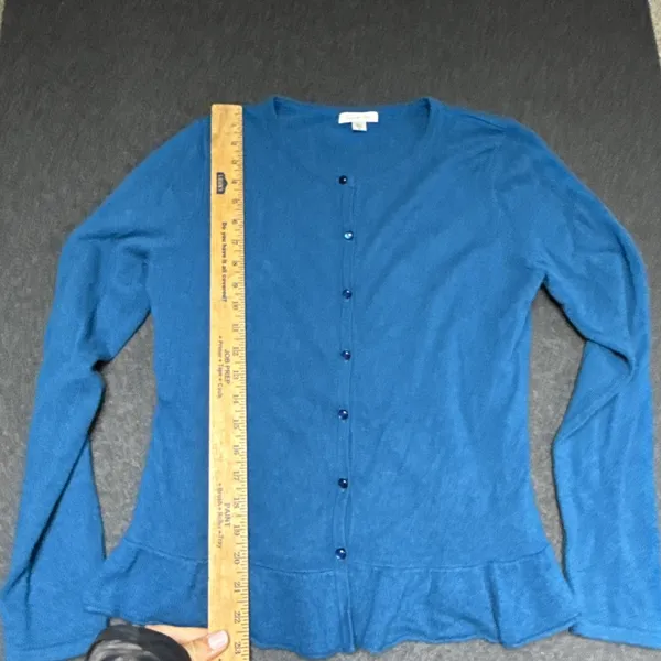 Garnet Hill Sweater M Blue Cashmere Cardigan Long Sleeve Minimalist Peplum - Image 6