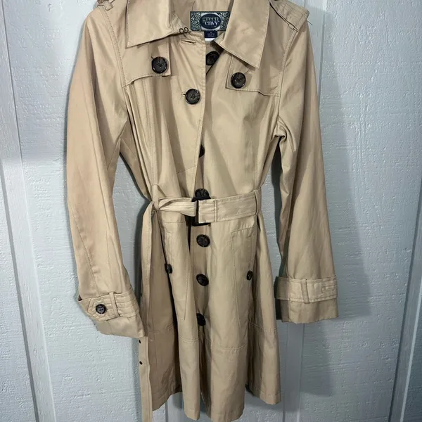 Green Envy Khaki Belted Trench Coat Size Medium EUC - Image 2