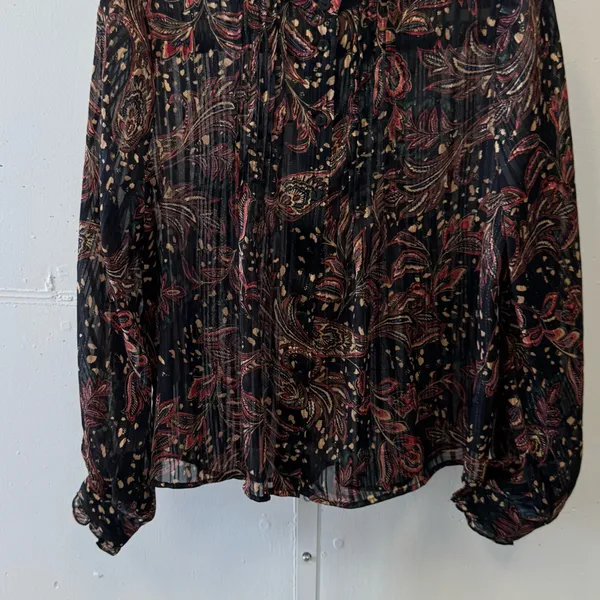 NWT Mango Floral Paisley Metallic Contemporary Ruffle‎ Sheer Blouse Blk Burgundy - Image 4
