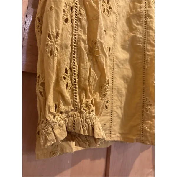 J.CREW Blouse Mustard Floral Embroidered Eyelet Long Sleeve Ruffle‎ Top Medium - Image 3