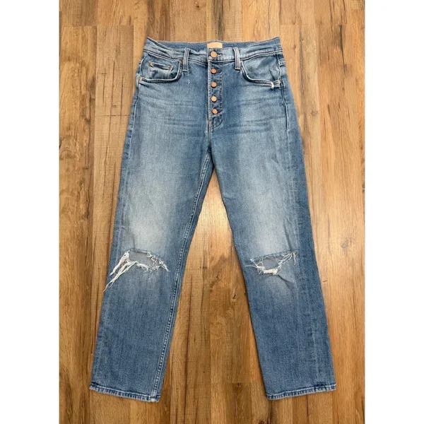 MOTHER The Pixie Tomcat Crop‎ Jeans 28 Distressed Button Fly Straight Denim - Image 3