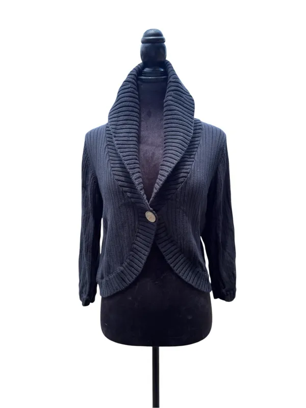 Kenneth Cole Reaction Black Cropped Ribbed Cardigan Shawl Collar‎ 1 Button Large - Image 7