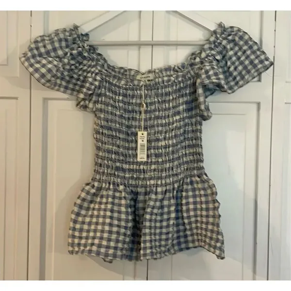 Max Studio NWT blue gingham smocked bust blouse M - Image 10