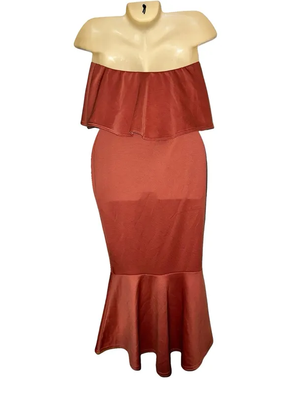 Boohoo Strapless Ruffle Mermaid Dress in Rust - Image 2