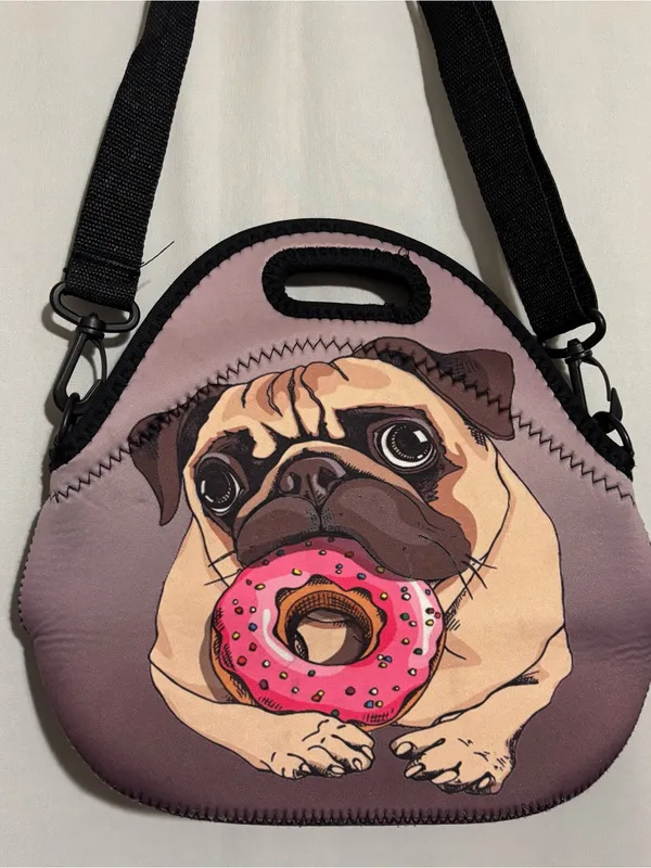 Pug Donut Neoprene Crossbody Lunch Bag - Pink/Purple - Image 2