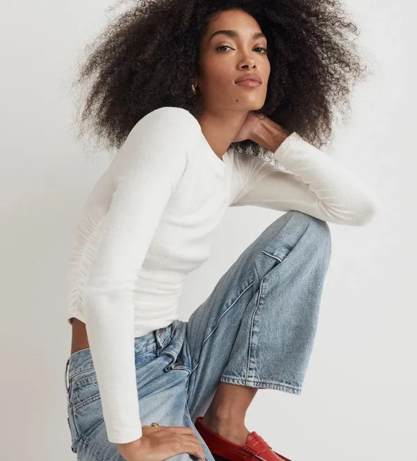 Madewell Women’s Cream Brushed Jersey Ruched Long-Sleeve Tee - Image 2