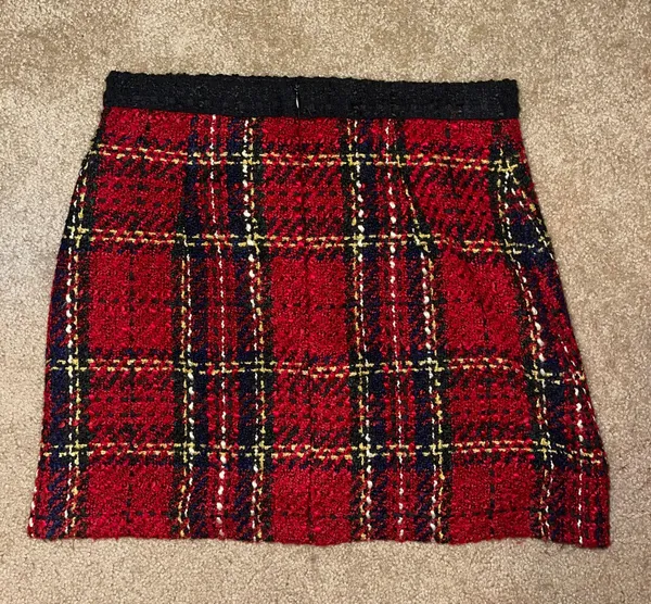 ZARA Tweed Red Plaid Mini Skirt - Image 2