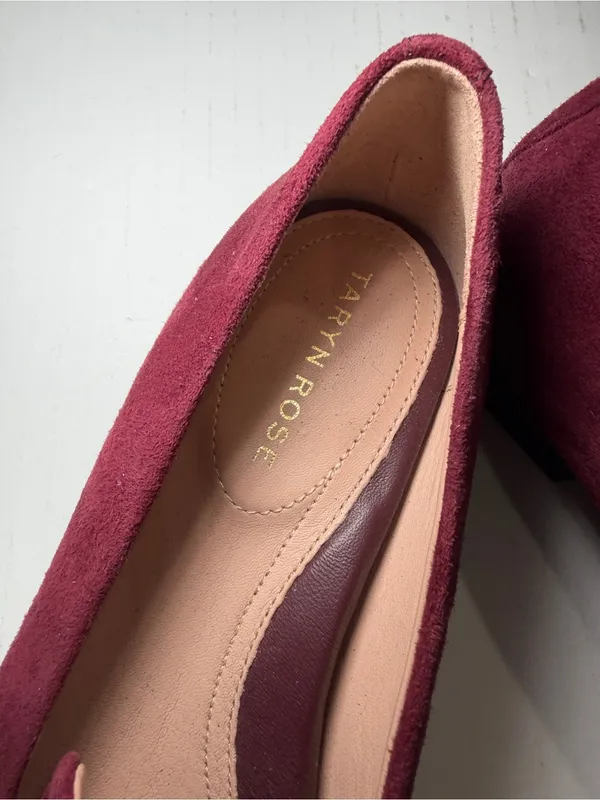Taryn Rose Burgundy Suede Loafers with Rose-Metal Accent - Image 3