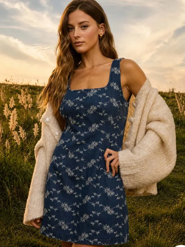 Blu Pepper Floral Embroidered Denim Mini Dress – Small (NWT) - Image 2