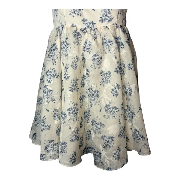 Cotton Candy LA Fit and Flare Dress Small Cream Blue Floral Strapless‎ Mini - Image 3