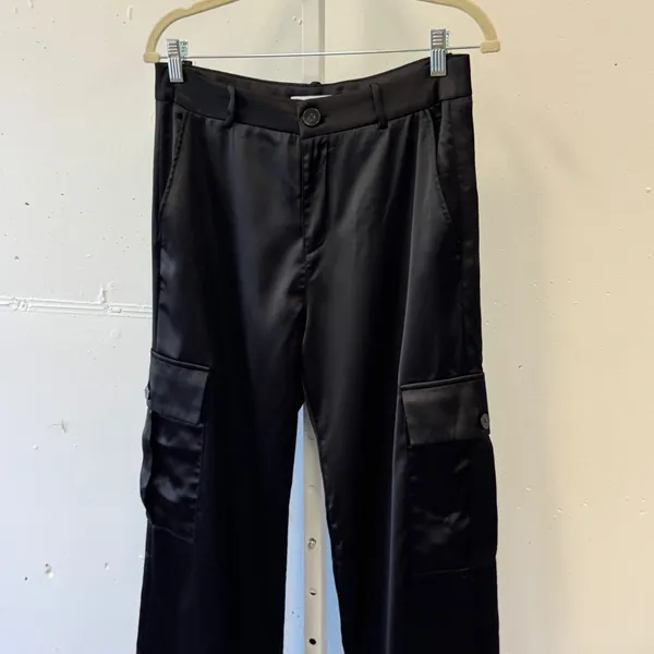 Zara Satin Cargo Pants Wide Leg Utility Trousers Size Medium Women's Black - Image 3