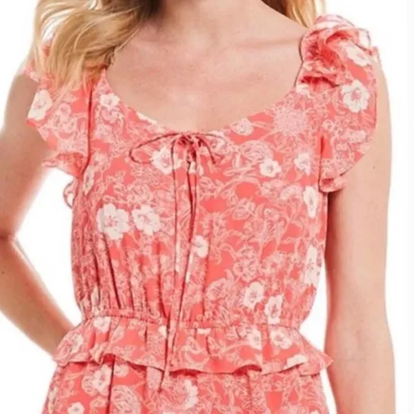Red Dress Boutique NEW‎ A Loves A Pink Floral Ruffle Sleeveless Jumpsuit M - Image 3