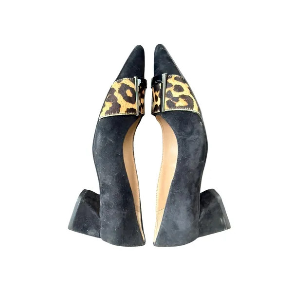 Franco Sarto Size 8 Black Suede Pumps Leopard Calf Hair Buckle Pointed Toe Heels - Image 5