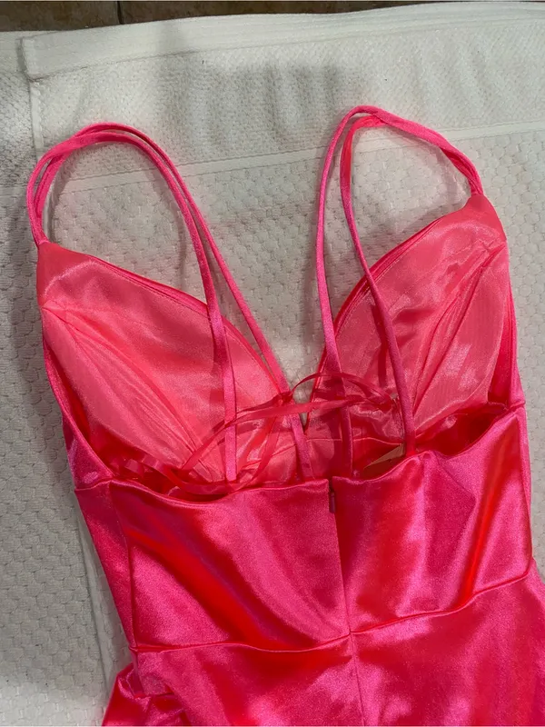 CINDERELLA DIVINE Satin V-Neck Spaghetti Strap Maxi Dress in Hot Pink - Image 9