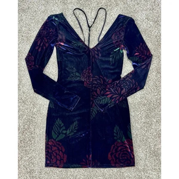 Free People Intimately Floral Velvet Strappy Bodycon Mini Dress Long Sleeve Sz S - Image 5
