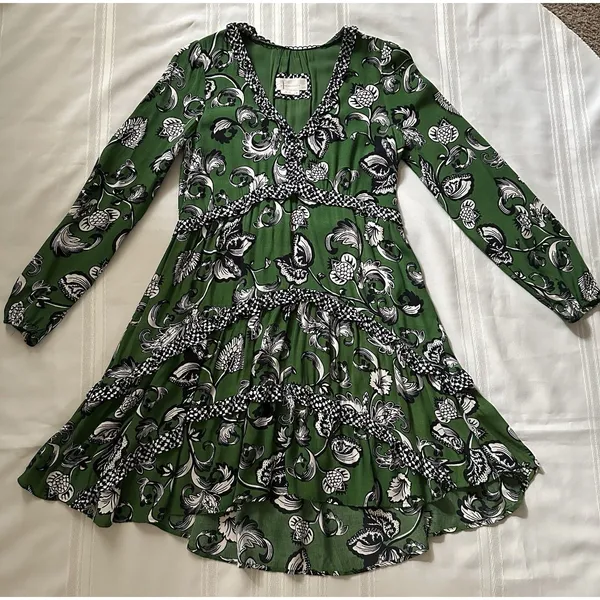 Anthropologie Robin Boho Tiered Ruffled V-Neck Dress Green Motif Size Small - Image 7