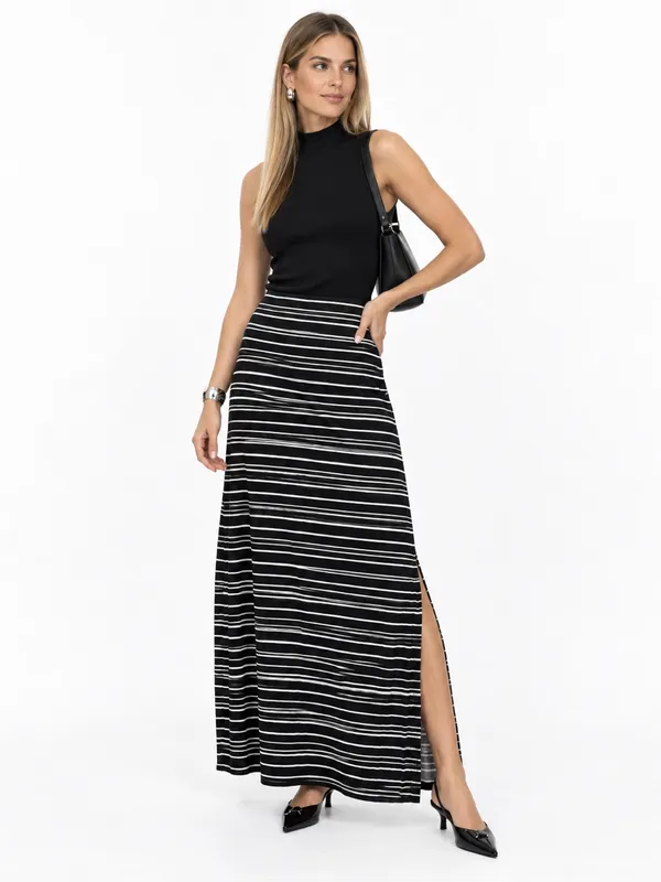 a.n.a Black White Striped Maxi Skirt Small Foldover Waist Stretch Knit Casual - Image 5