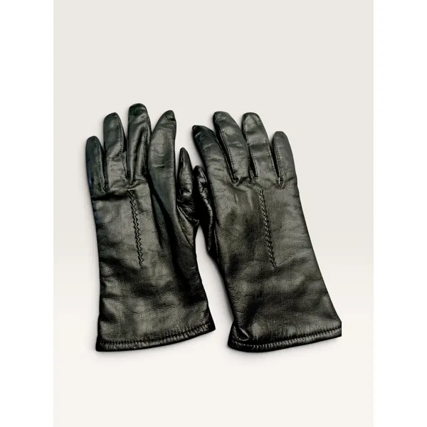 Fownes Black Genuine Leather Lined Gloves Women 7.5 Zigzag Stitch Detail - Image 3