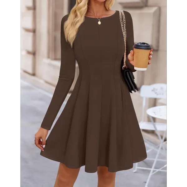 NEW Long Sleeve Crewneck Pleated A Line Career Travel Mini Dress M - Image 6