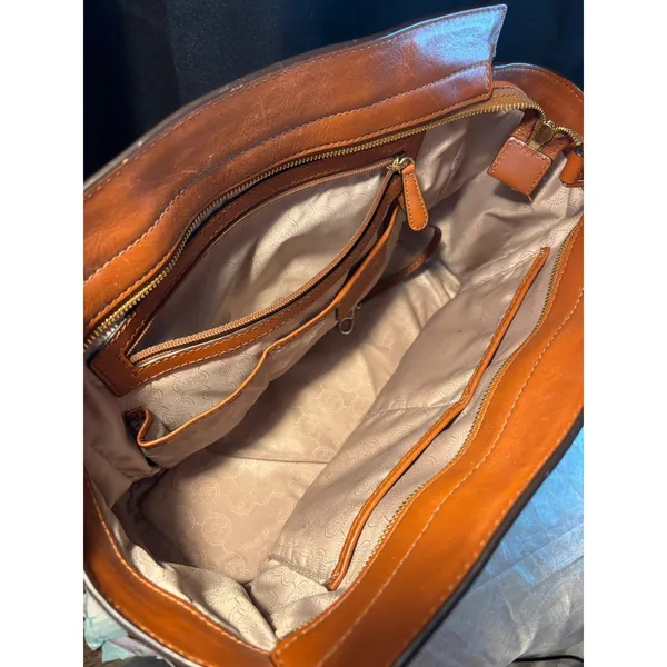Michael Kors Signature Logo Satchel Brown Leather Trim Crossbody Bag - Image 14