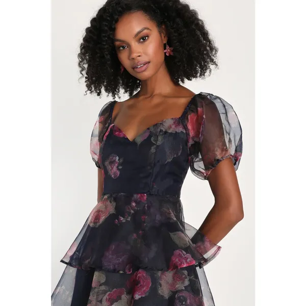 NWT Lulus Oh-So Stunning Navy Blue Floral Organza Tiered Midi Dress Cruise Sze M - Image 3