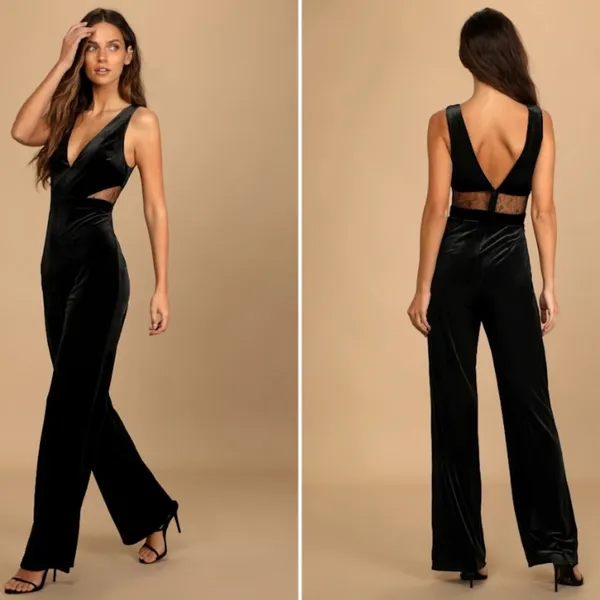 LULU's Sexy Chic Elegant Prom Holidays Wedding Velvet Lace Sophisticated Jumpsuit - Image 5