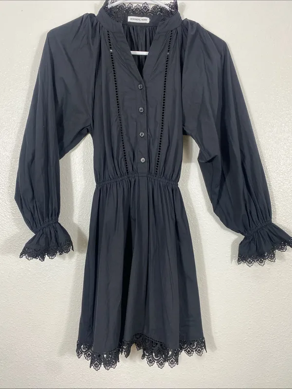 Girls' Black Long-Sleeve Lace-Trim Smocked Waist Dress Size12 100%Organic cotton - Image 3