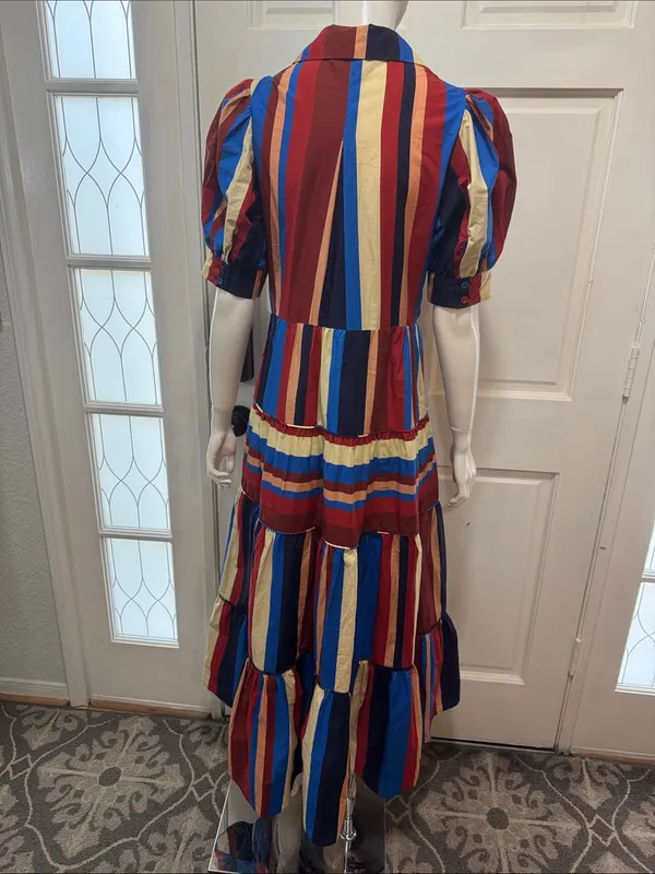 Farm Rio Stripped Multicolor Winter Stripes Short Sleeve Midi Dress Sz Medium - Image 9