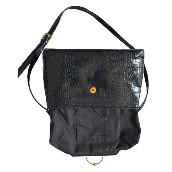 ASOS Black Croc Embossed Top Handle Crossbody Bag Gold D-Ring Satchel - Image 6