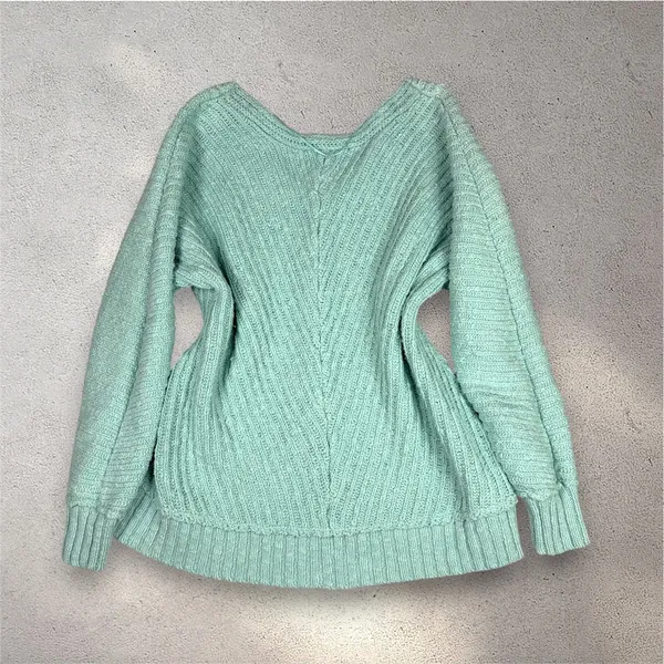Free People Sunset V-Neck Pullover Sweater Women's M Blue Chunky Knit Boho Cozy - Image 3