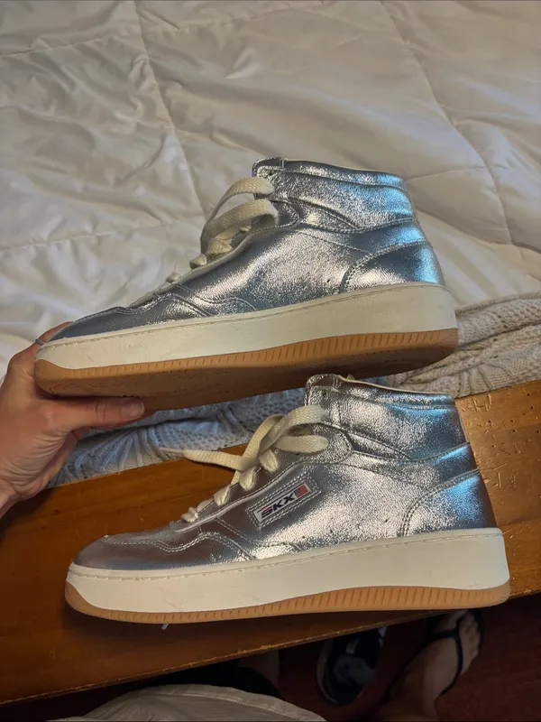 Skechers Silver Metallic High-Top Sneakers with White Laces - Image 3