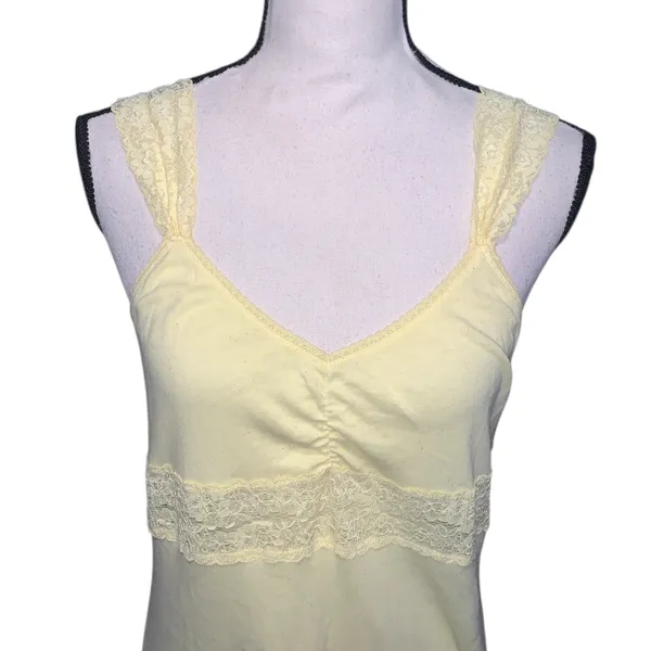 Yellow Lace-Trim Strappy Babydoll Dress Mini Ruched - Image 2