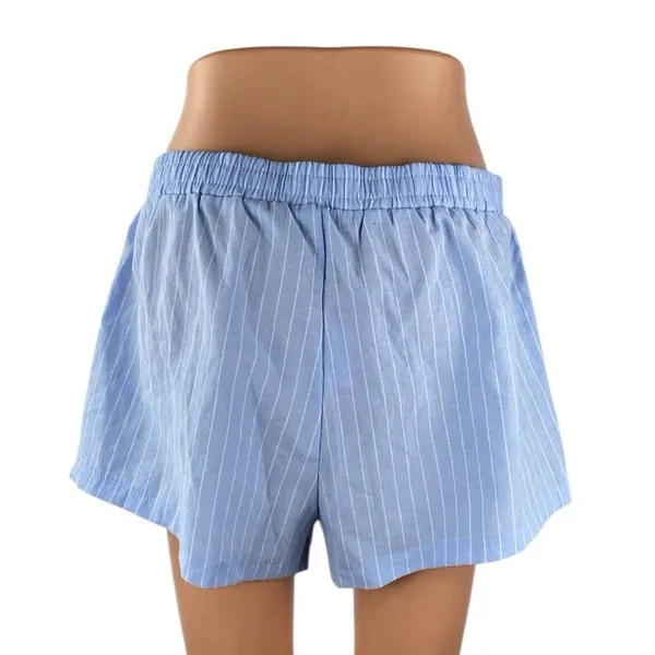 NEW Edikted Women Blue Stripe High Rise Elastic Waist Lounge Boxer Mini Shorts L - Image 3