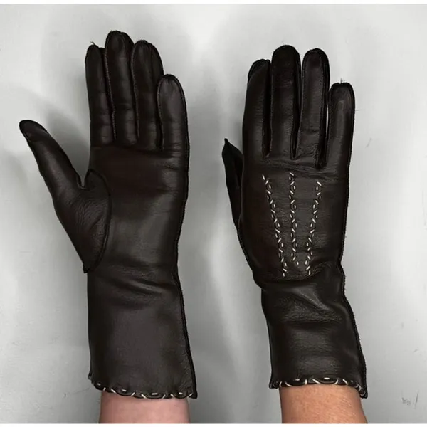 1970s Brown Deerskin Leather Gloves Contrast Whipstitch Size 7 - Image 2